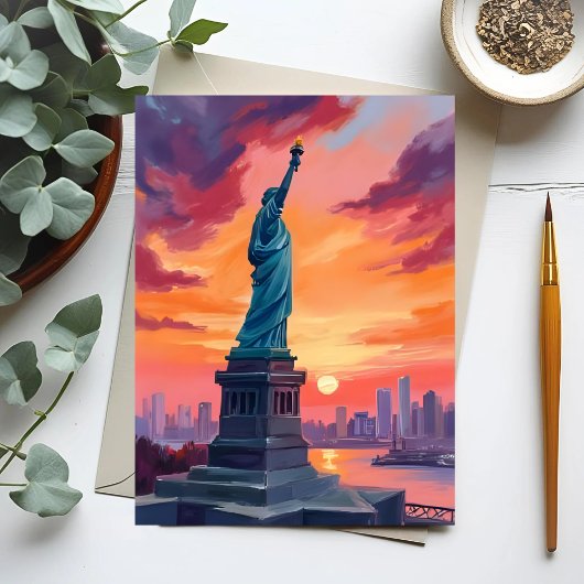Statue of Liberty NYC Skyline Sunset Watercolor ポストカード