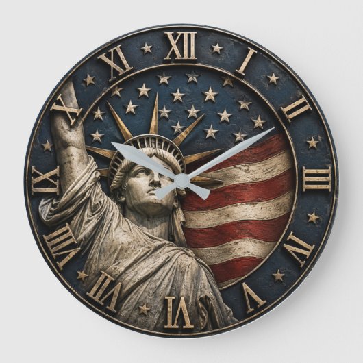 Statue of Liberty Patriotic American Flag USA ラージ壁時計 (正面)