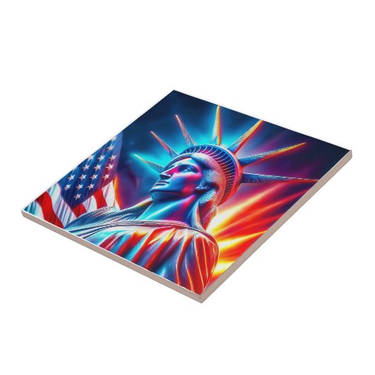  Statue Of Liberty  Red White  Blue With Flag タイル (側面)
