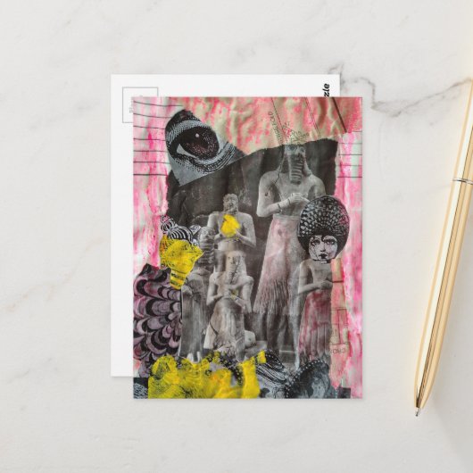 Statues of People mixed media collage ポストカード (正面/裏面インサイチュ)