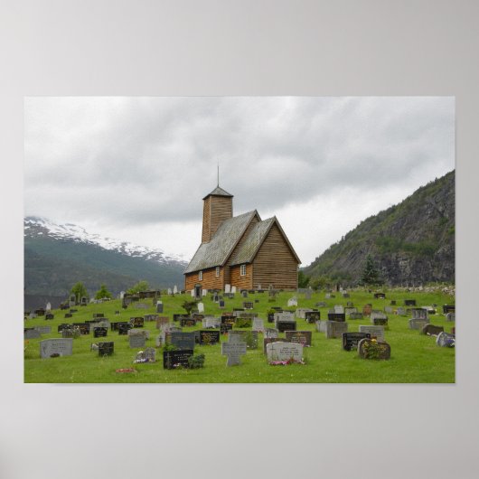 Stave church with graveyard in Norway poster ポスター (正面)
