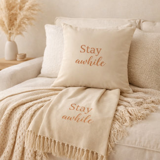 Stay Awhile Pillow Warm Sand Terracotta Typography クッション
