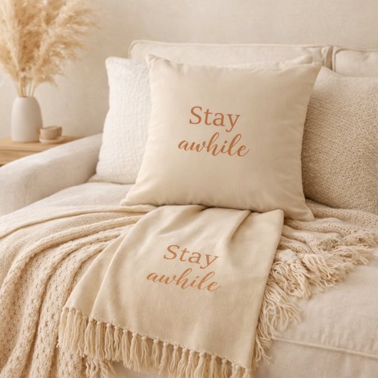 Stay Awhile Pillow Warm Sand Terracotta Typography クッション