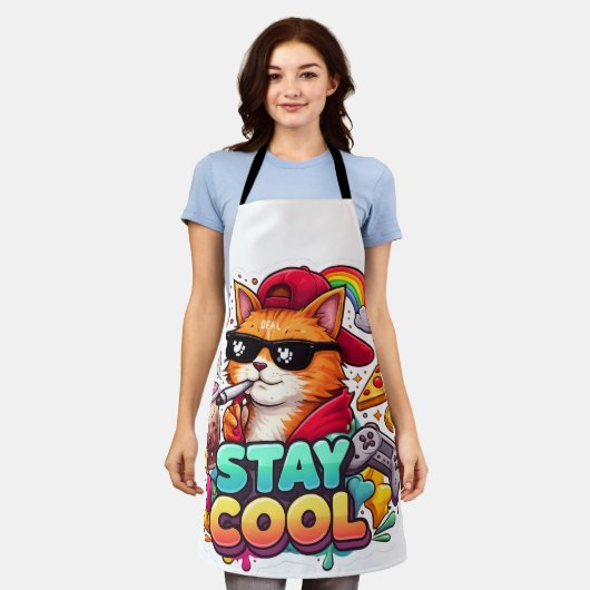 Stay Cool Vibes – チルキャットストリートウェア エプロン (着用した状態)
