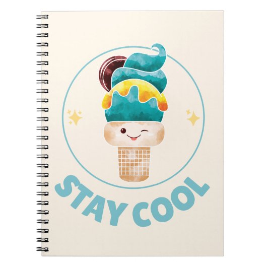Stay Cool Watercolor Ice Cream Cone Pastel ノートブック (正面)