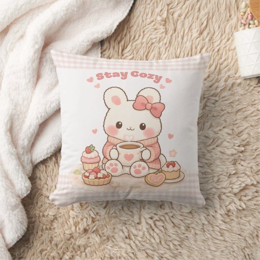 Stay Cozy Cute Bunny Pink Gingham Sweet Home  クッション (ブランケット)