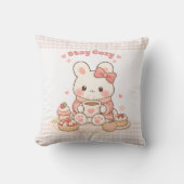 Stay Cozy Cute Bunny Pink Gingham Sweet Home  クッション (正面)