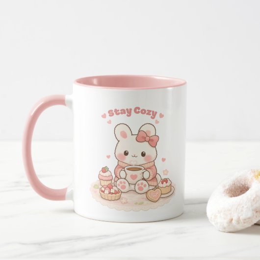 Stay Cozy Cute Bunny Rabbit Sweet Pink マグカップ (ドーナツ)