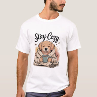 Stay Cozy: Cute Dog with Hot Cocoa/Coffee Tシャツ