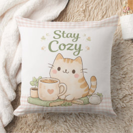 Stay Cozy Cute Kitty Cat Pink Gingham Sweet Home  クッション