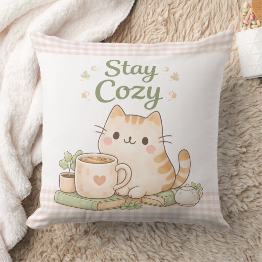 Stay Cozy Cute Kitty Cat Pink Gingham Sweet Home  クッション (ブランケット)