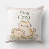 Stay Cozy Cute Kitty Cat Pink Gingham Sweet Home  クッション (正面)