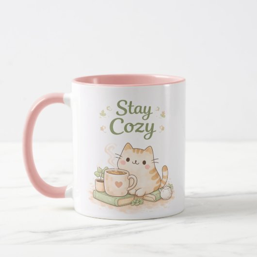 Stay Cozy Kawaii Cute Kitty Cat Coffee Sweet Pink  マグカップ (左)