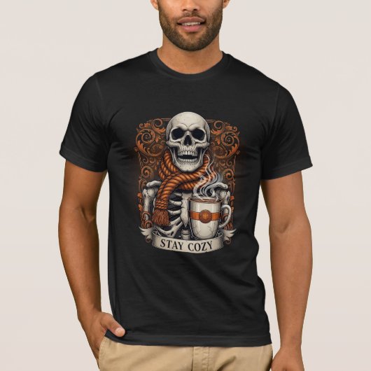 Stay Cozy Skeleton with Coffee Mug Tシャツ (正面)