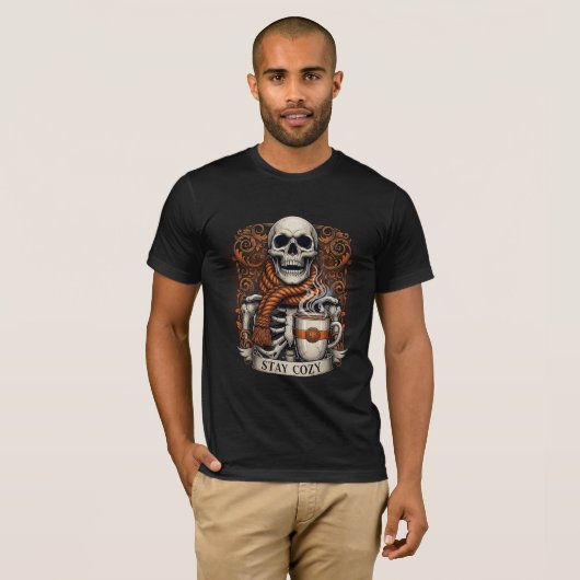 Stay Cozy Skeleton with Coffee Mug Tシャツ (正面フル)