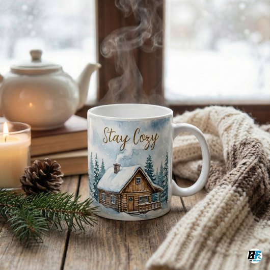 Stay Cozy Winter Cabin Watercolor Snow Rustic コーヒーマグカップ