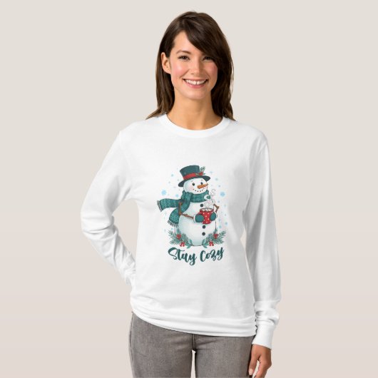 Stay Cozy Winter Snowman With Hot Cocoa Tシャツ (正面フル)