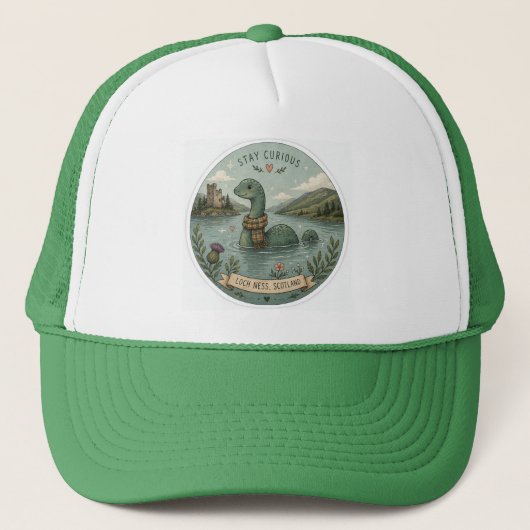 Stay Curious Cozy Cryptid Nessie Loch Ness Monster キャップ (正面)
