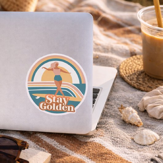 Stay Golden Retro Surf Sticker Coastal Boho Beach  ラウンドシール
