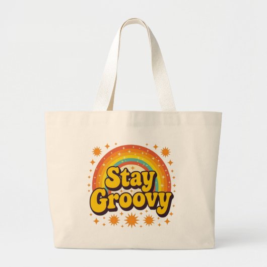 Stay groovy boho rainbow quote ラージトートバッグ (正面)