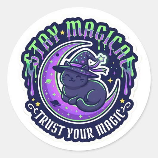 Stay Magical Black Cat Sticker - Cute Spooky Wizar ラウンドシール (正面)