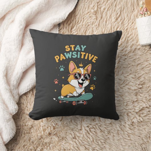 Stay Pawsitive Corgi Skateboarding Cute Motivation クッション (ブランケット)