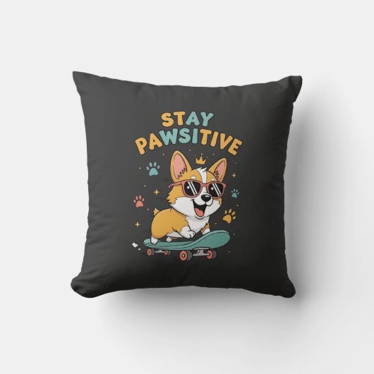 Stay Pawsitive Corgi Skateboarding Cute Motivation クッション (正面)
