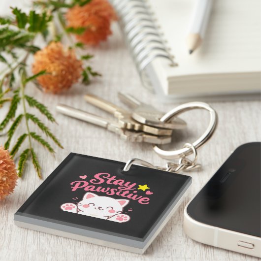 Stay Pawsitive – Cute Cat Motivational Quote Desig キーホルダー (正面右)