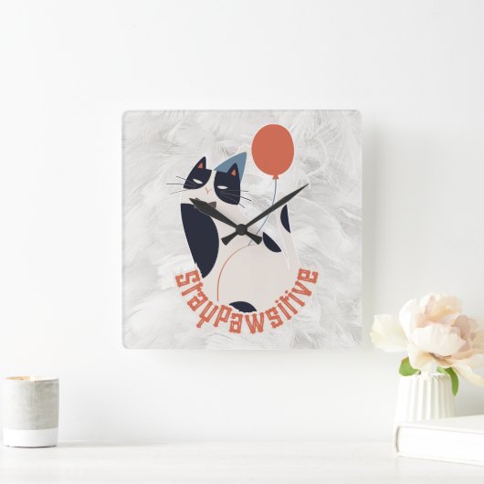 Stay Pawsitive | Dapper Tuxedo Cat Whimsical Acryl スクエア壁時計 (ホーム)