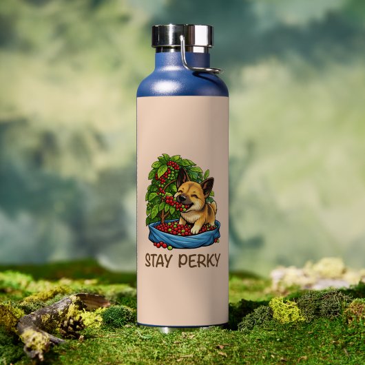 "Stay Perky" Cute Coffee Dog Water Bottle ウォーターボトル (アウトドア (回転後))