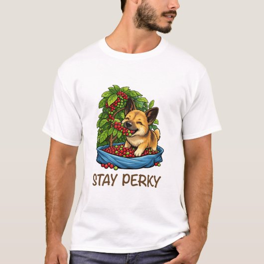 Stay Perky Cute Dog with Coffee Graphic T-Shirt Tシャツ (正面)