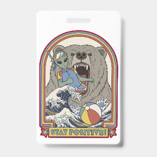 Stay Positive Alien Bear Surfing Retro Art バッジ