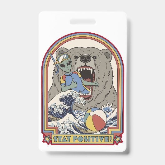 Stay Positive Alien Bear Surfing Retro Art バッジ (正面)