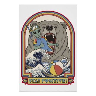 Stay Positive Alien Bear Surfing Retro Art ポスター