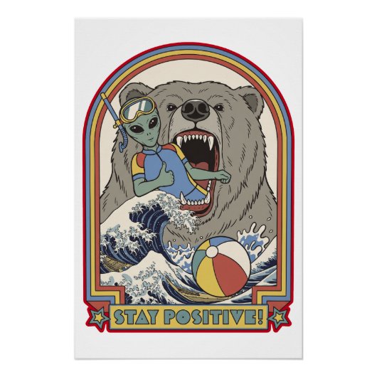 Stay Positive Alien Bear Surfing Retro Art ポスター (正面)