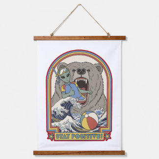 Stay Positive Alien Bear Surfing Retro Art 吊り下げ型タペストリー