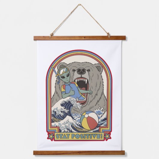 Stay Positive Alien Bear Surfing Retro Art 吊り下げ型タペストリー (正面)