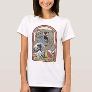 Stay Positive Alien Bear Surfing Retro Art Tシャツ