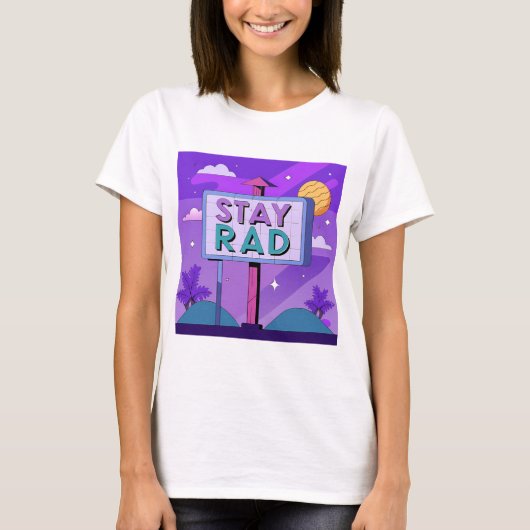 "Stay Rad" Vaporwave Sunset Scene Tシャツ (正面)