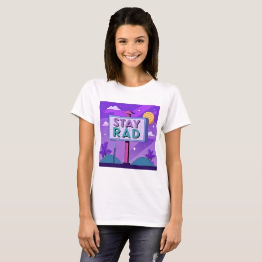 "Stay Rad" Vaporwave Sunset Scene Tシャツ (正面フル)