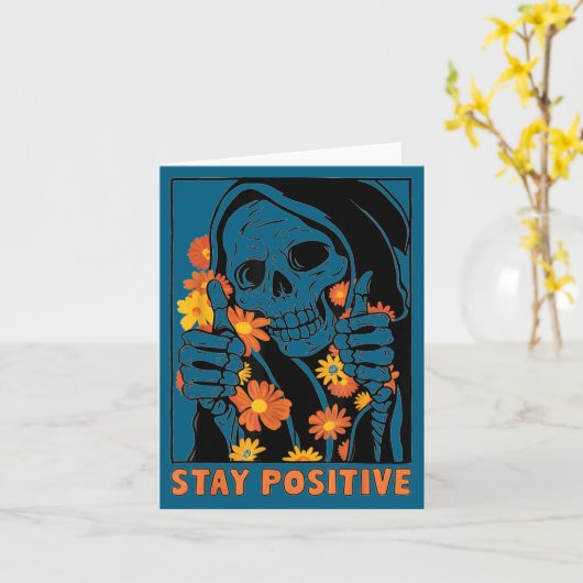Stay Sitive Skeleton Halloween Motivational Funny カード (黄色い花)
