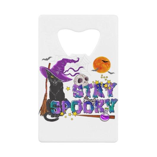 Stay Spooky Halloween Black Cat Witch Hat & Moon クレジットカード栓抜き (正面)