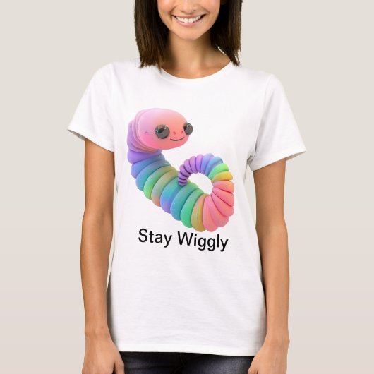 Stay Wiggly – レインボーワームかわいい女性のTシャツ Tシャツ (正面)