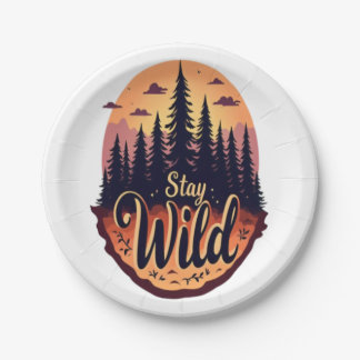 Stay Wild：サンセットフォレストイラストレーション ペーパープレート