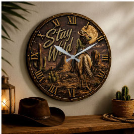 Stay Wild Cowgirl Western Desert Horse ラージ壁時計