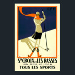"Ste Croix et Les Rasses" Swiss Vintage Travel ポスター<br><div class="desc">A beautiful vintage travel poster issued by the Swiss Federal Railways advertising the ski resorts of Sainte Croix and Les Rasses. It is in an art deco style and shows a beautifully dressed young woman wearing skis.</div>