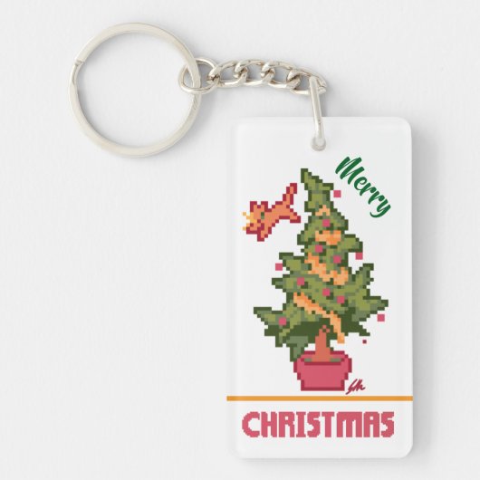 stealing cat, tree, Pixel Art, Merry Christmas  キーホルダー (正面)
