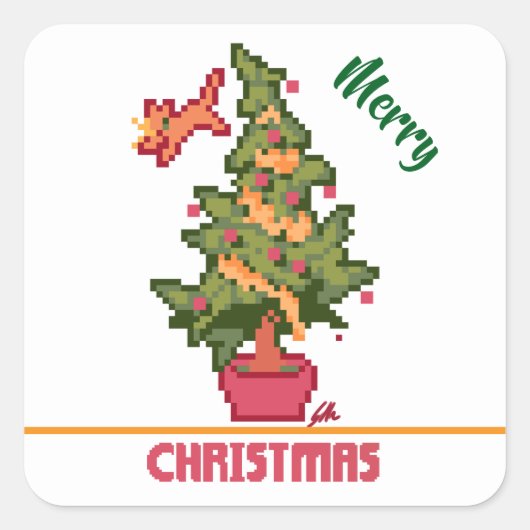 stealing cat, tree, Pixel Art, Merry Christmas  スクエアシール (正面)