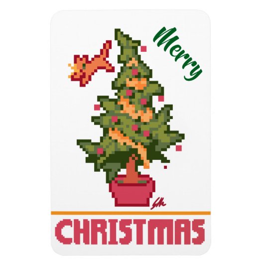 stealing cat, tree, Pixel Art, Merry Christmas  マグネット (縦)