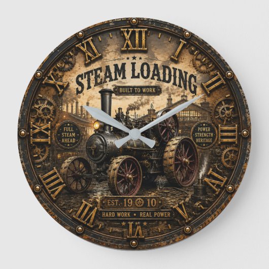 Steam Engine Vintage Steampunk Tractor ラージ壁時計 (正面)